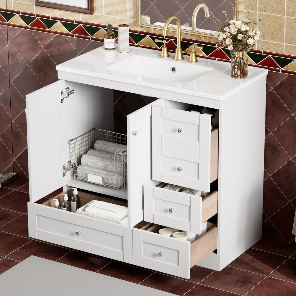 English Elm 36 36" Modern Shaker Bathroom Vanity with Ceramic Sink, Soft-Close Drawers & Doors, Durable Handles White N729P288872K