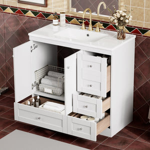 English Elm 36 36" Modern Shaker Bathroom Vanity with Ceramic Sink, Soft-Close Drawers & Doors, Durable Handles White N729P288872K