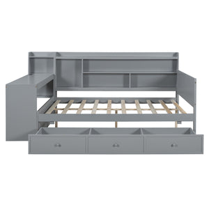 English Elm Full Size Wooden Daybed With 3 Storage Drawers, Built-In Desk & Usb Ports – Gray, Space-Saving Design N820S00018E