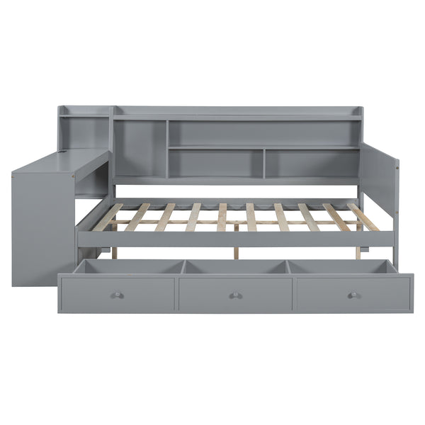 English Elm Full Size Wooden Daybed With 3 Storage Drawers, Built-In Desk & Usb Ports – Gray, Space-Saving Design N820S00018E