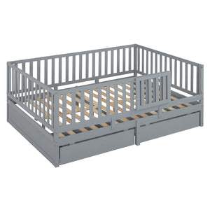 English Elm Full Size Pinewood Kids Daybed with Fence Rails Split Floor Bed and Storage Drawers Gray LP100882AAE