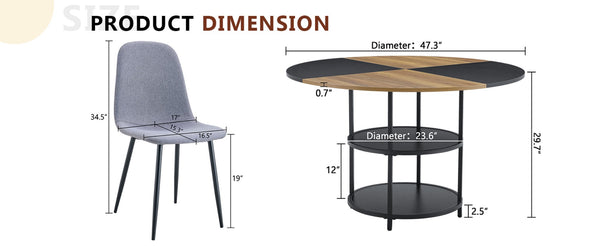 English Elm Table and Chair Set 47 Inch Round Mdf Spliced Top with Dual Tier Storage 4 Seats Black,Light Gray,Wood W1151S03336