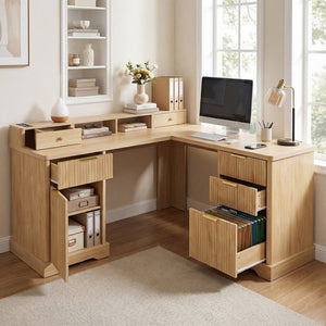 English Elm 59" Fluted Oak L-shaped Corner Desk with Charging Station Monitor Stand and File Storage Light Oak W2917S00005