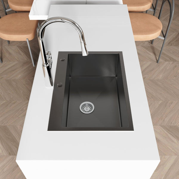 English Elm Stainless Handmade Single Bowl Overmount Kitchen Sink Deep Basin Black Satin Finish T3177P286026