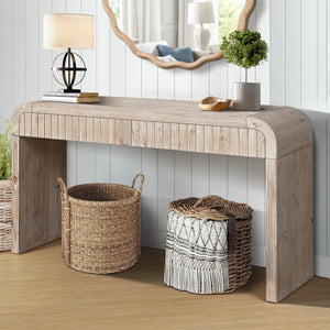 English Elm 59'' Vintage Crafted Entryway Table with Hidden Handle Drawers, Three-Dimensional Stripes, Easy Assembly, Stylish Storage for Hallway and Living Room Natural Wood Wash W1445P214058
