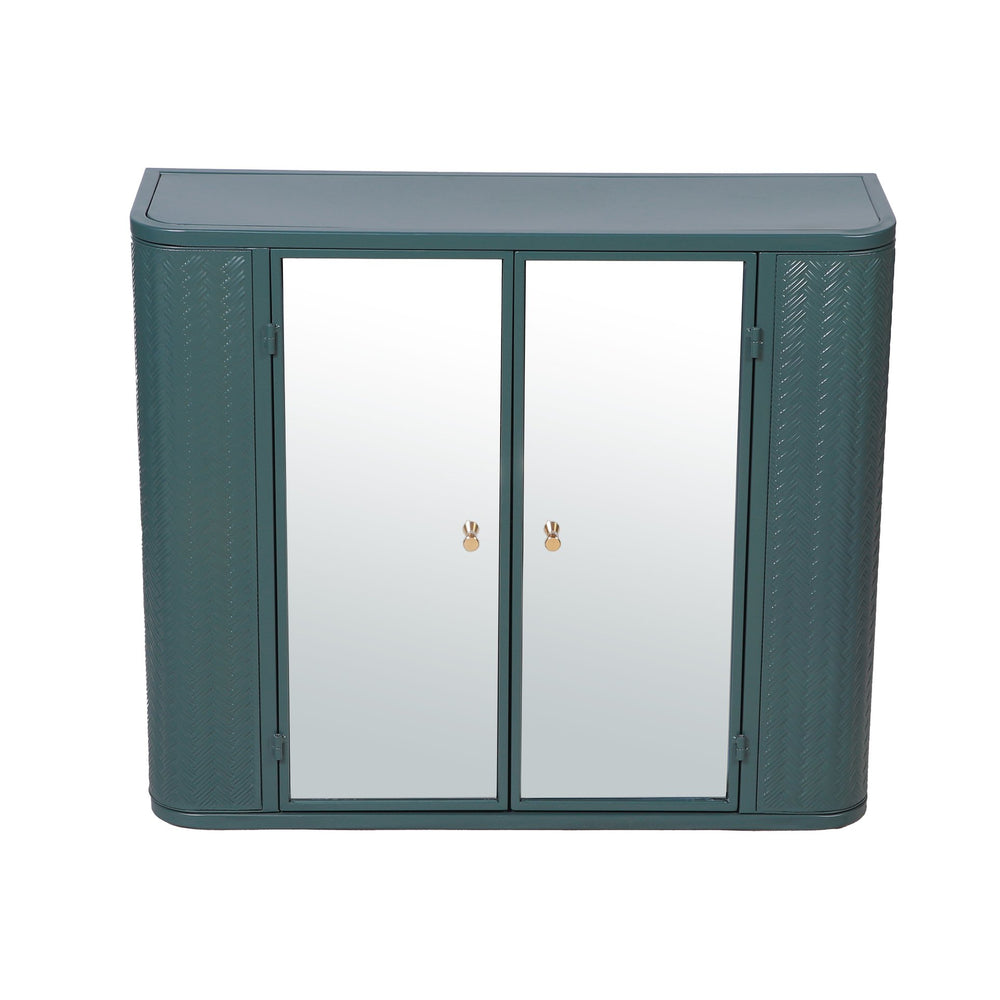 English Elm Army Green Bathroom Storage Cabinet With Mirror, 2 Doors & Open Shelf For Stylish Organization W3122P272875