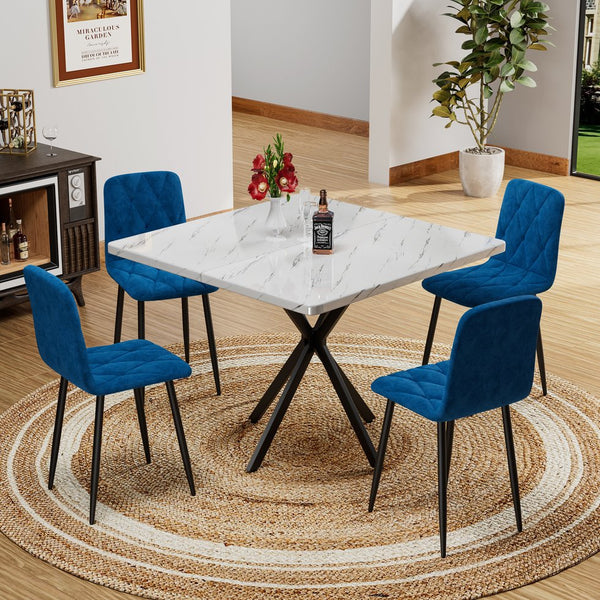 English Elm Square Mid Century Dining Table with Faux Marble Top, Waterproof Scratch-Resistant MDF Surface, Durable Iron Frame for Compact Kitchens and Stylish Small Dining Rooms White W578P242961