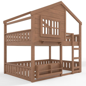 English Elm Full Bunk Bed with Trundle Bookshelf Storage Pine Frame Car Design for Kids Natural W1580S00522