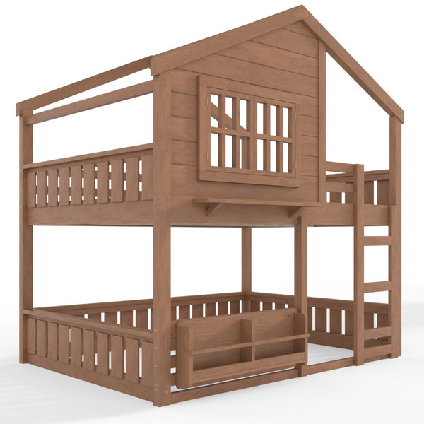 English Elm Full Bunk Bed with Trundle Bookshelf Storage Pine Frame Car Design for Kids Natural W1580S00522