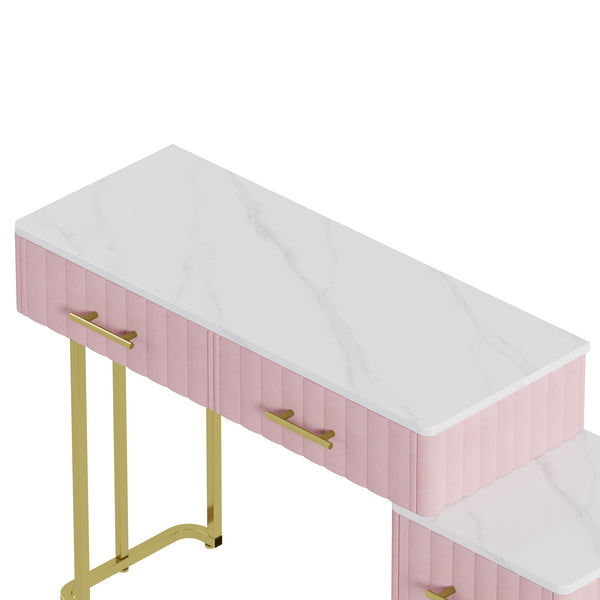 English Elm Velvet Upholstered Vanity Desk Set with Marble-Look Top, Padded Chair, 5 Spacious Drawers & Gold Accents Pink 17.5 L x 16.3 W x 16.1 H N733S272606H