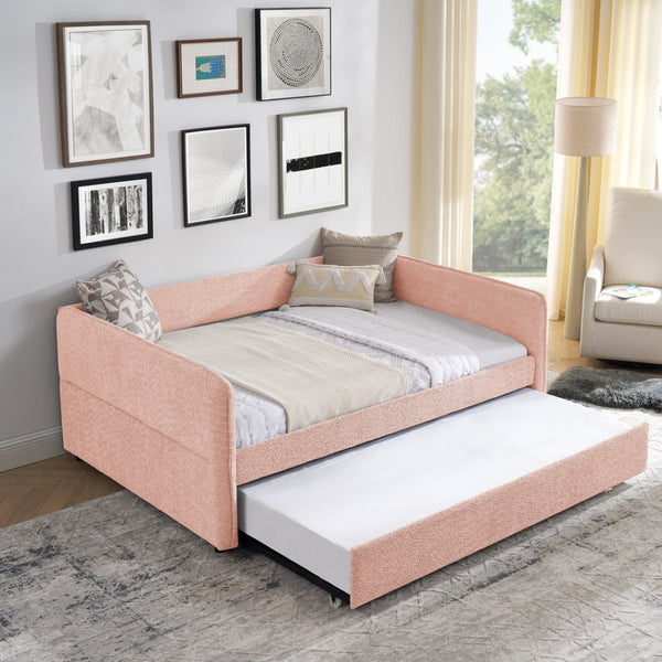English Elm Full Size Boucle Daybed with Pop up Trundle Tufted Upholstered Sofa Sleeping Pink W1413S00175