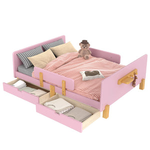 English Elm Twin Low Profile Kids Floor Bed Pine Wood Frame with Safety Rail and Built in Bookshelf Pink W1580P373245