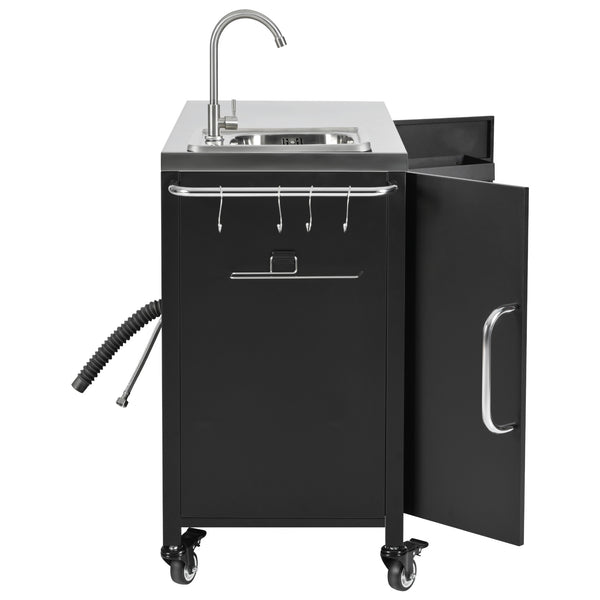 English Elm K&K Outdoor Kitchen Island with 304 Sink, Thick Stainless Top, Spice Rack, Trash Holder, Locking Wheels, BBQ Prep Station N707P270780B