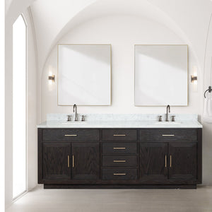 English Elm Black Oak Double Bath Vanity Set With Carrara Marble Top, Chrome Faucets & 36-Inch Mirrors Included B2731S02181
