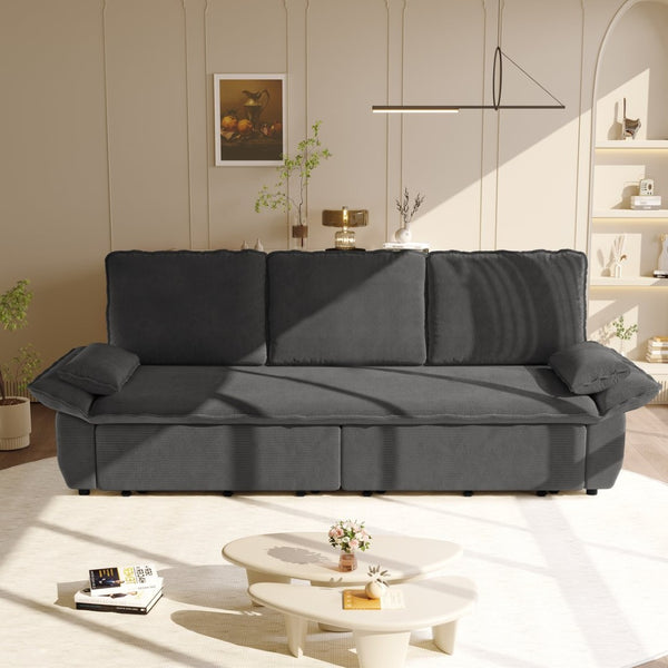 English Elm 94.5" King Convertible Sleeper Sofa Corduroy Upholstered Chaise Lounge Guest Room Bed Grey W1885S00308