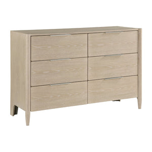 English Elm Modern Six Drawer Oak Veneer Dresser with Round Mirror Ceruse Finish Bedroom Set B011S02361