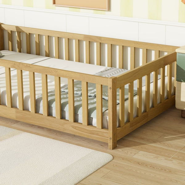 English Elm Twin Size Rubberwood Floor Bed with Safety Fence for Toddler Rooms Natural Finish W504P370528