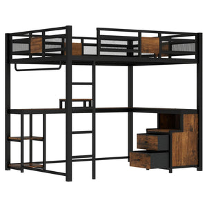 English Elm Queen Loft Bed With Workspace And Storage - Heavy-Duty Metal Frame, Noise-Free Design, Stylish Black W1580S00223-GIGA