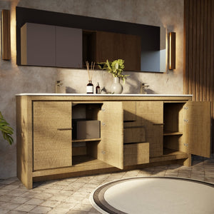 English Elm Rustic Acacia Double Bath Vanity With White Quartz Top & Gun Metal Faucet – Stylish Storage Solution! B2731P259232-GIGA