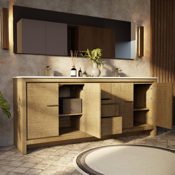 English Elm Rustic Acacia Double Bath Vanity With White Quartz Top & Gun Metal Faucet – Stylish Storage Solution! B2731P259232-GIGA