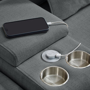 English Elm 114" Modern Upholstered Sofa with Console, Built-In USB & Cupholders, Durable Linen Fabric Comfort Dark Gray W2353S00004