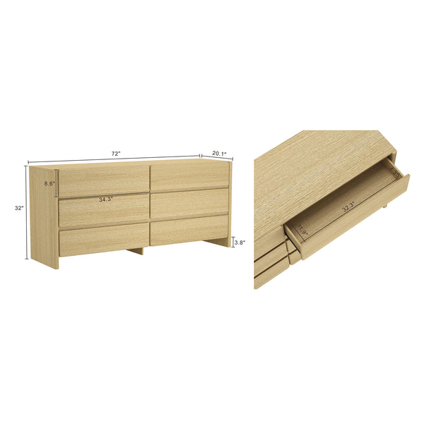 English Elm Linda 72" Dresser Natural Oak – 6-Drawer Minimalist Low-Profile Storage with Rich Wood Grain Appeal B365S00067