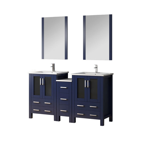 English Elm Navy Double Bath Vanity 60"W x18.25"D with Side Cabinet, Chrome Faucet, White Ceramic Top, Mirrors B2731S01211