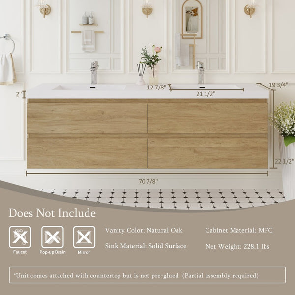 English Elm 72" Floating Double Sink Vanity Wall Mounted Ash Grey with Soft Close Drawers W1573P152708