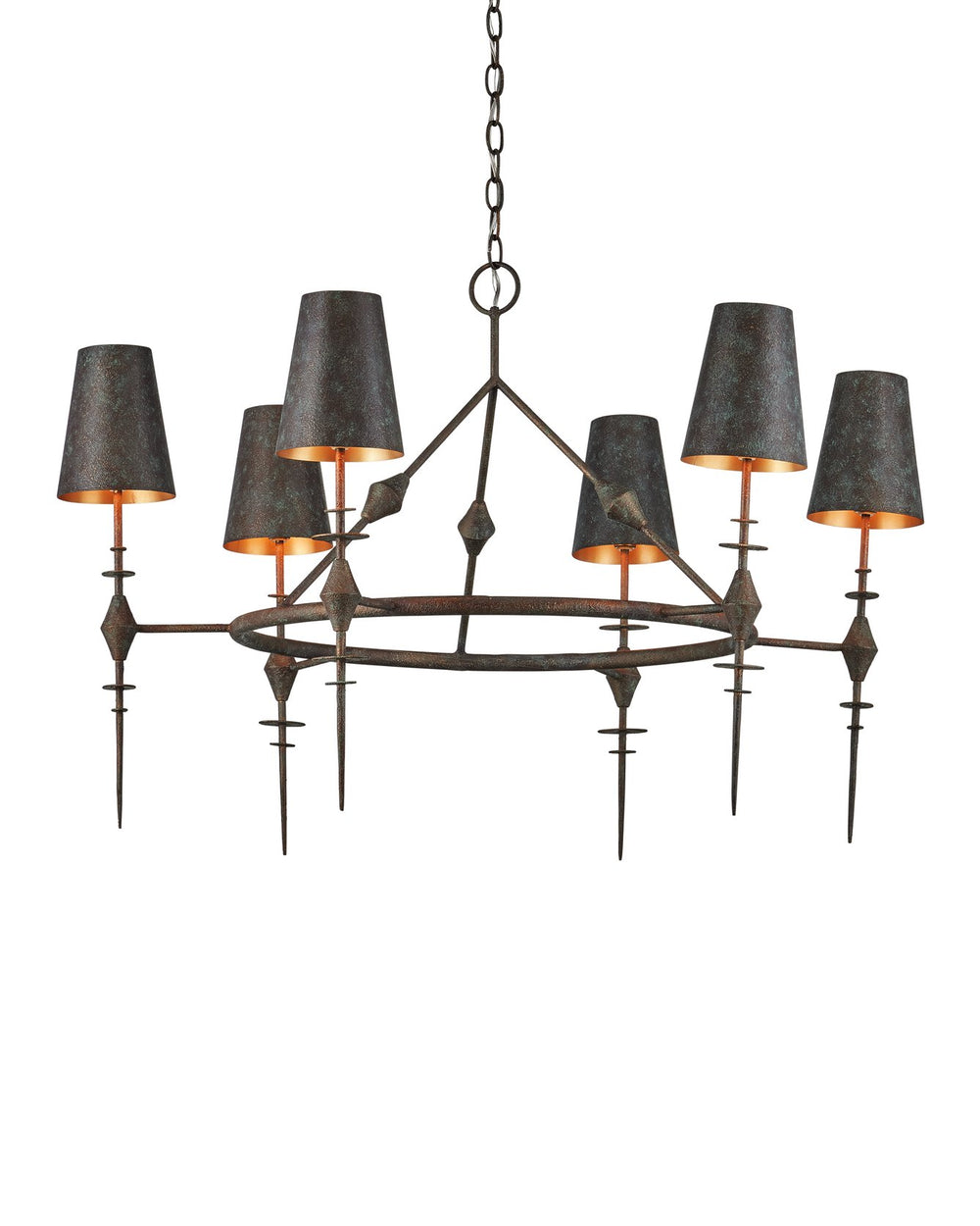 Currey & Company Anselm Chandelier: Brutalist Elegance With Textured Verdigris Bronze & Shimmering Gold Finish Black Wrought Iron 9000-1311-currey-company