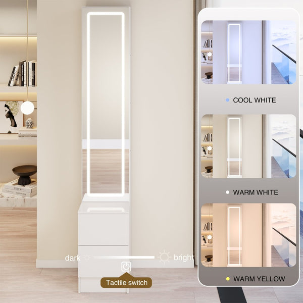 English Elm Length Floor Standing Vanity Mirror Cabinet with Led Lighting Jewelry Cosmetic Storage White W3258P453345