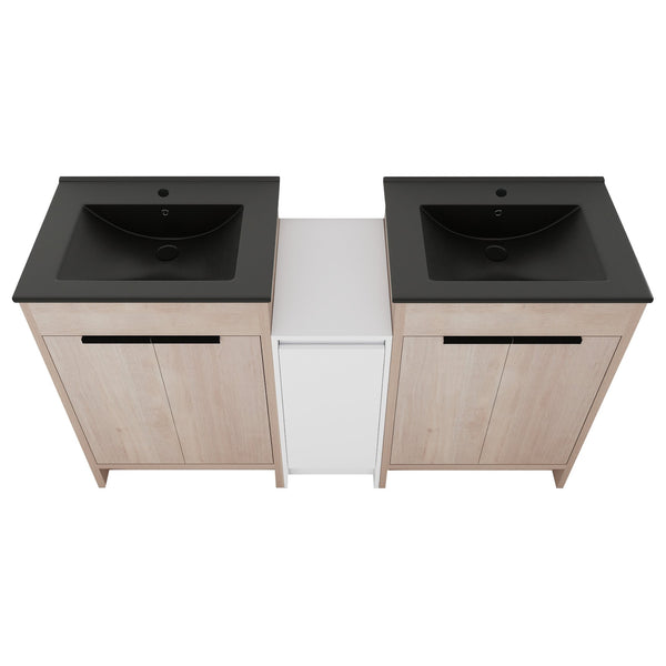 English Elm 60 Inch Freestanding Bathroom Vanity With Black Ceramic Sink, Soft-Close Doors & Storage Solutions W999S00317