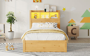 English Elm Twin Wood Storage Bed with Led Headboard Drawers and Pull Out Cabinet for Kids Natural W2593S00049