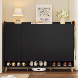 English Elm ON-TREND Modern Shoe Cabinet with Adjustable Shelves, Solid Wood Legs, Spacious Entryway Storage Sideboard Black WF321211AAB