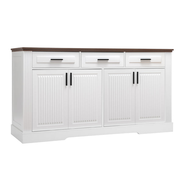 English Elm 63" Fluted Sideboard Buffet Cabinet with Coffee Bar Storage, 4 Doors 3 Drawers, Smooth Silent Slides White W2917P319113