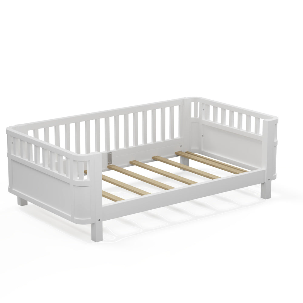 English Elm Twin Solid Pine Platform Bed with Guardrail for Kids — Low Profile White Twin Bed, Durable 250lb Capacity W2593P296772