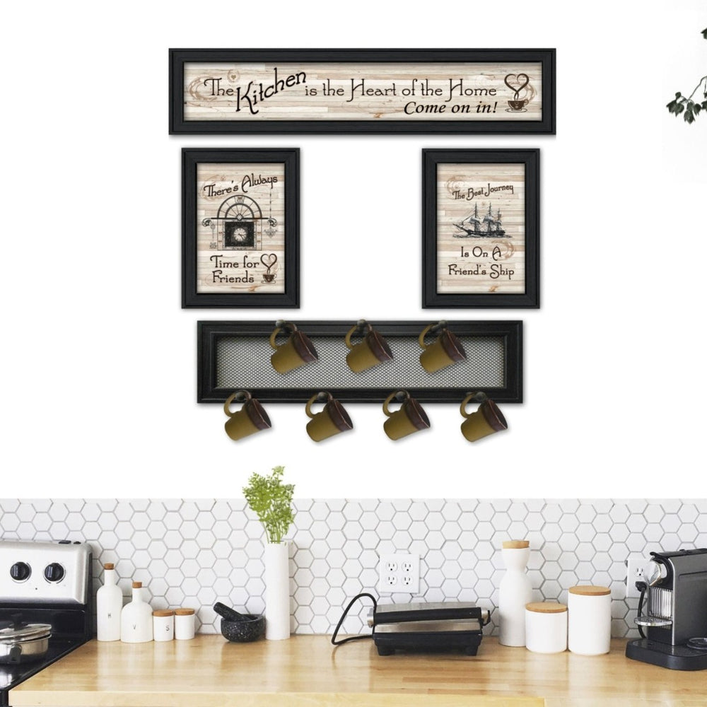 English Elm "kitchen Collection Vi" Wood Vignette Set with 7-peg Mug Rack Black Framed Wall Art B06787077