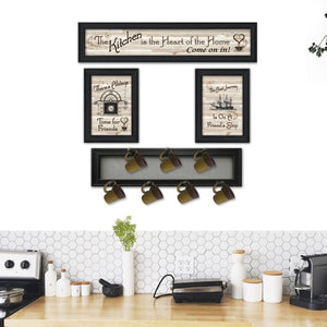 English Elm "kitchen Collection Vi" Wood Vignette Set with 7-peg Mug Rack Black Framed Wall Art B06787077