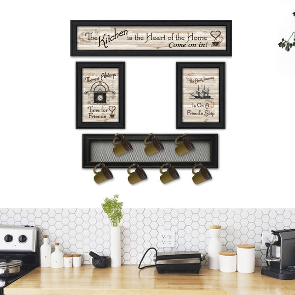 English Elm "kitchen Collection Vi" Wood Vignette Set with 7-peg Mug Rack Black Framed Wall Art B06787077