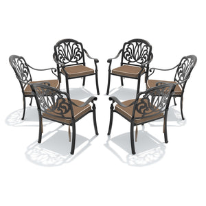 English Elm Cast Aluminum Outdoor Dining Chairs Set of 4 with Carved Relief Frame and Brown Cushions W1710S00507