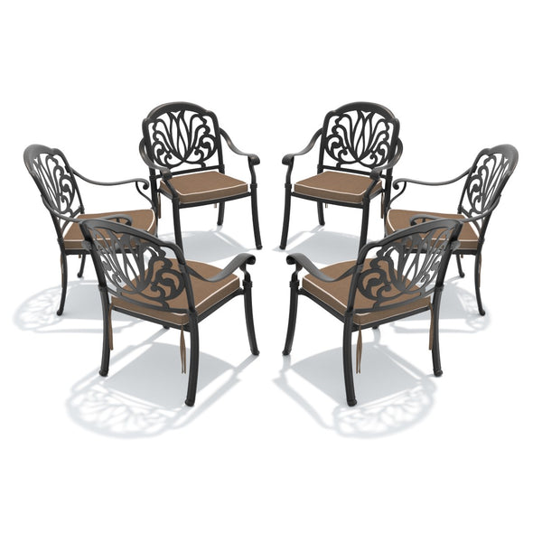 English Elm Cast Aluminum Outdoor Dining Chairs Set of 4 with Carved Relief Frame and Brown Cushions W1710S00507