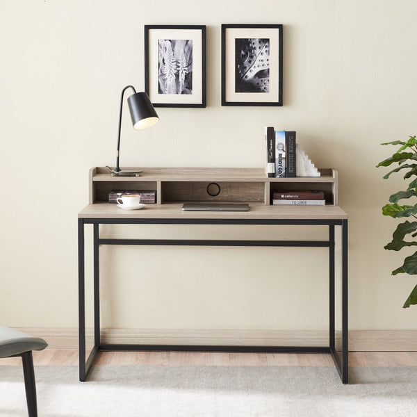 English Elm 47" French Oak Writing Desk with Hutch Matte Steel Frame Modern Home Office Storage W3151P352767