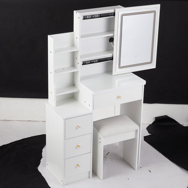 English Elm 29.2" Compact Vanity Set With Touch-Control Led Mirror, Stylish Stool & Ample Storage For Small Spaces W936P226033