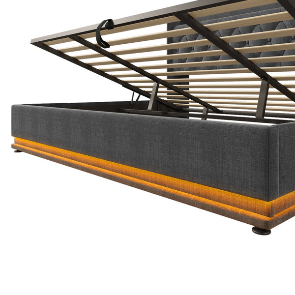 English Elm King Upholstered Bed with Surround LED, App/Remote Control, Hydraulic Storage, USB Type-C Charging Gray N736P188808G