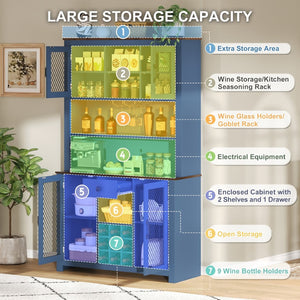 English Elm 70.9" Farmhouse Hutch Pantry with Led Lighting Wine Rack Mesh Doors and Built-in Power Navy Blue CH361426AAL