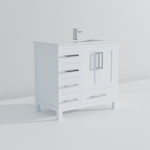 English Elm White 36 in Bath Vanity with Right Offset White Quartz Top, Soft-Close Drawers, Chrome Faucet Set B2731P259020