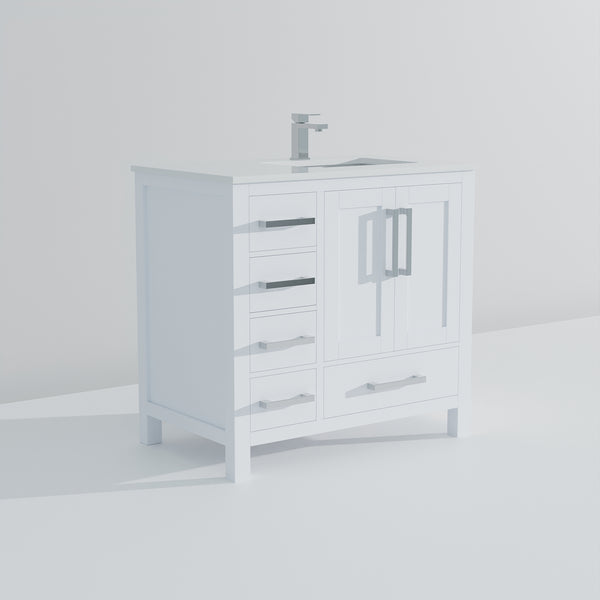 English Elm White 36 in Bath Vanity with Right Offset White Quartz Top, Soft-Close Drawers, Chrome Faucet Set B2731P259020