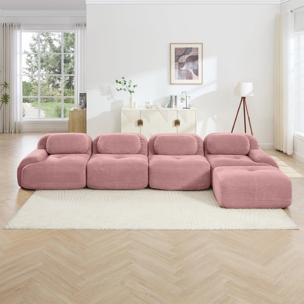 English Elm 4-seat Corduroy Modular Sectional with Wide Armrests and Chaise for Living Rooms W714S01411