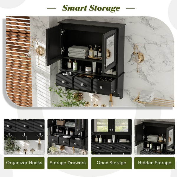 English Elm 4-in-1 Wall Mounted Bathroom Cabinet with Mirror Drawers and Towel Hooks Vanity Black N710P405416B