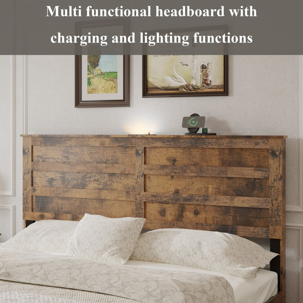 English Elm Queen-size Storage Bed Weathered Wood Platform Frame with Usb Charging Headboard W636P430769