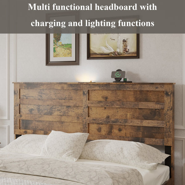 English Elm Queen-size Storage Bed Weathered Wood Platform Frame with Usb Charging Headboard W636P430769